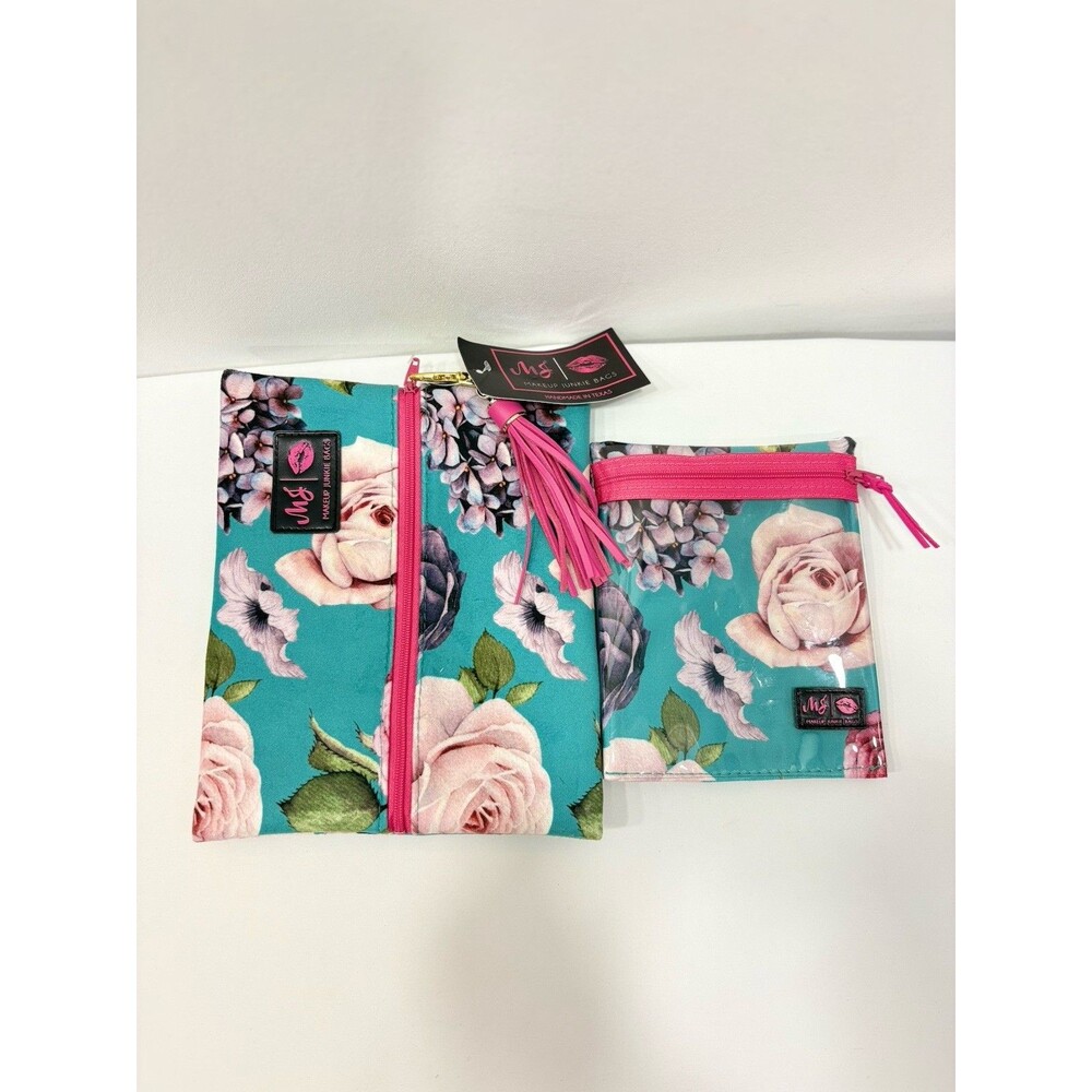 Makeup Junkie Bags Set of 2 Turquoise Floral Pink Cosmetic Makeup Bags Texas